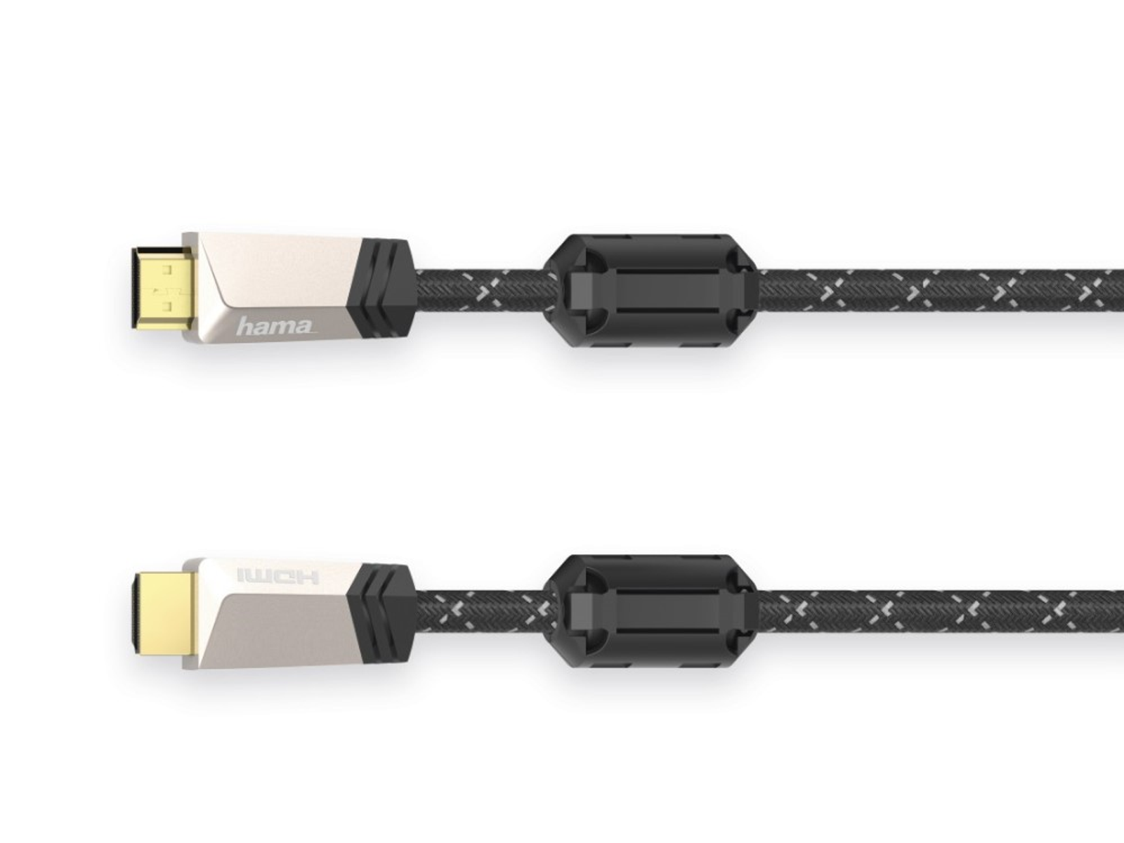 Kabel HDMI ze złotymi złączami i czarno-szarym kablem.