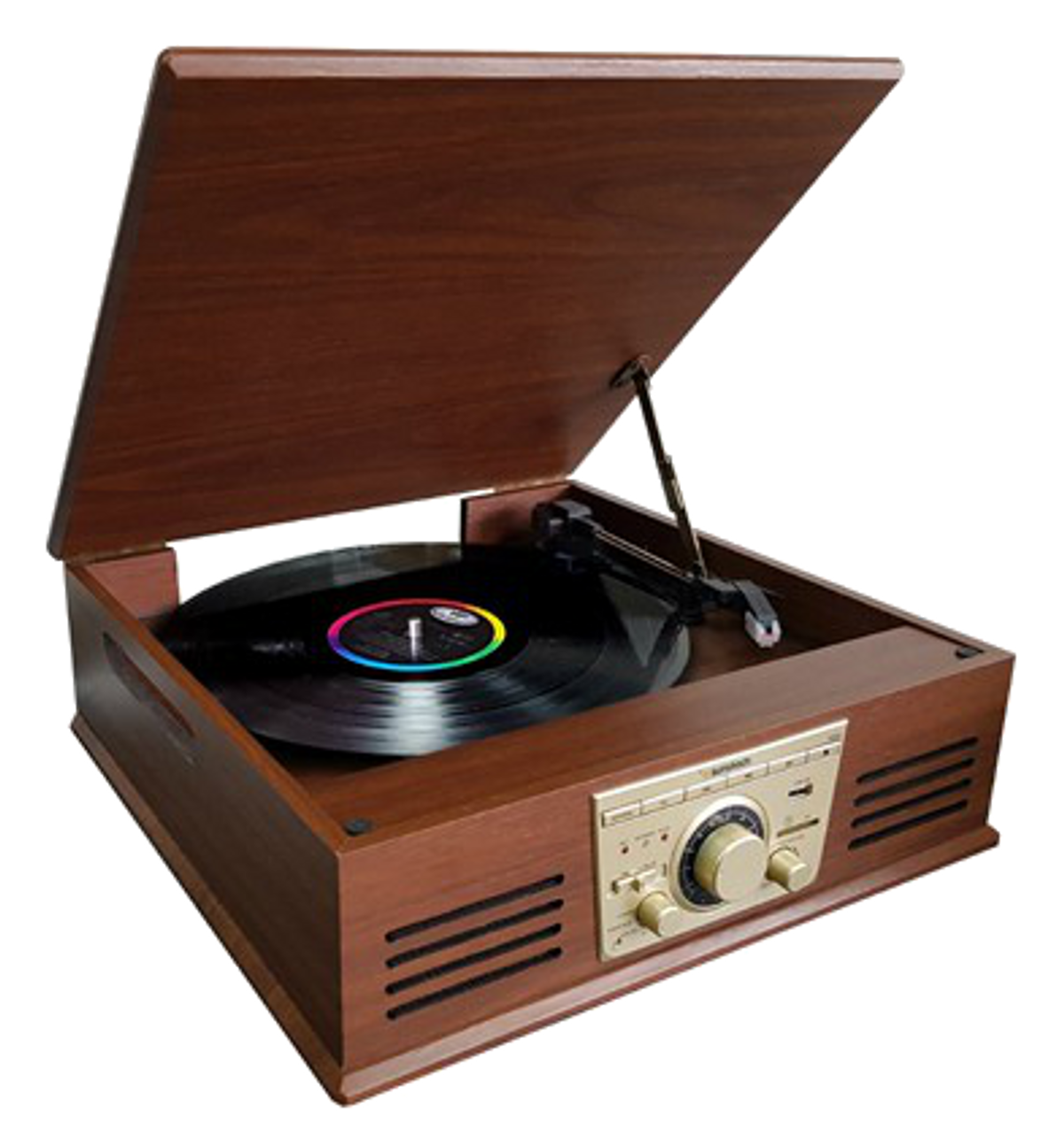 Tocadiscos - PXR32WD SUNSTECH, Puerto USB, lector de tarjeta SD, auxiliar y salida auriculares., 3 velocidades: 33, 45 y 78 rpm, Madera Retro