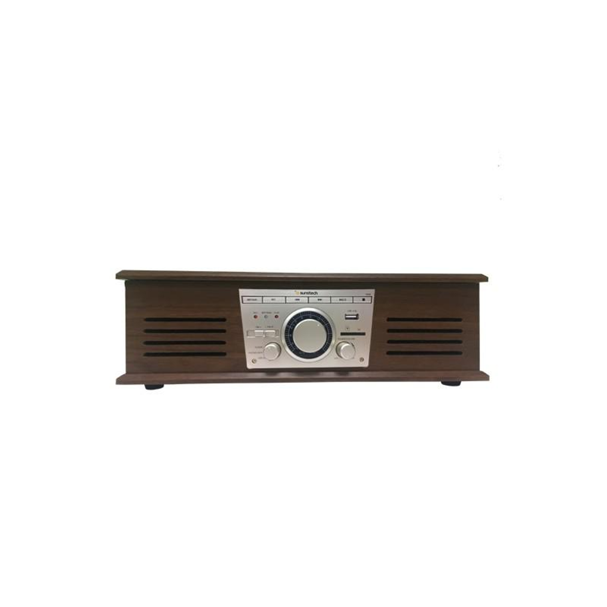 Musikplayer im Retro-Stil aus Holz. Silbernes Bedienfeld. Lautsprecher und Drehregler sichtbar.