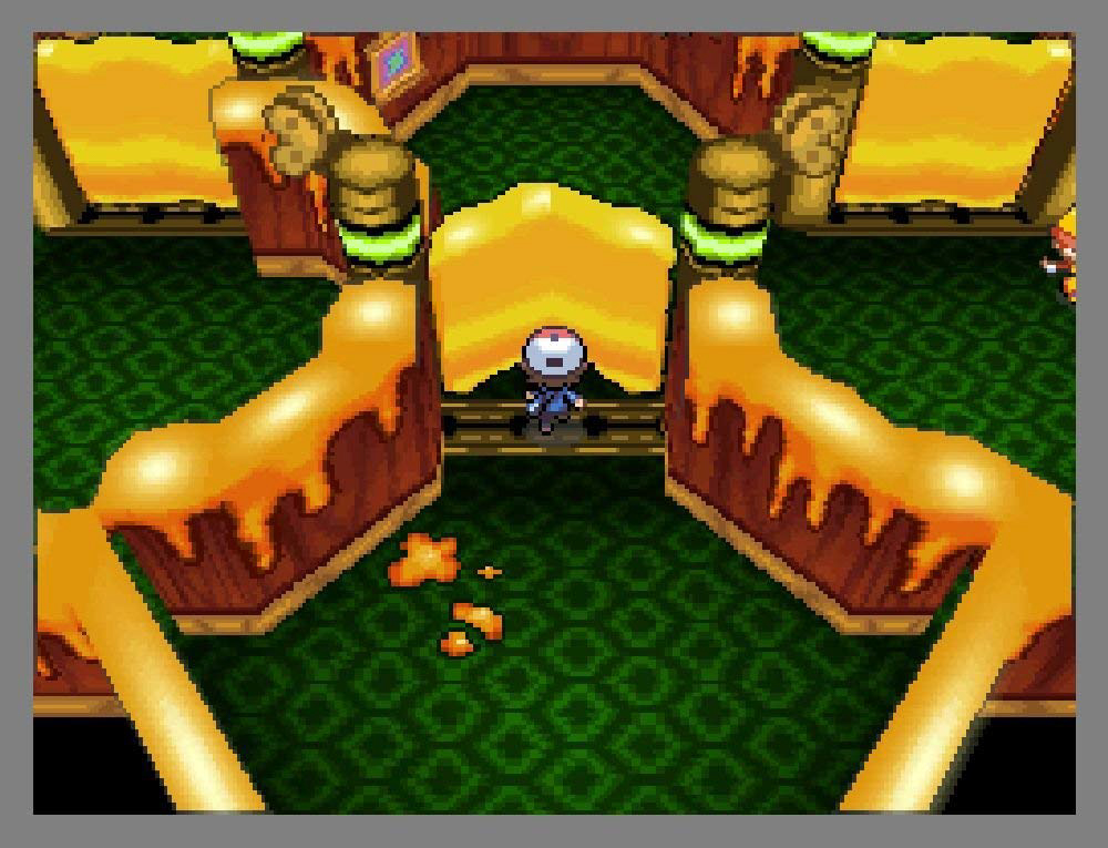 Eine pixelige Spielszene mit einer Figur, die in einem Raum mit goldfarbenen, stilisierten Wänden steht.