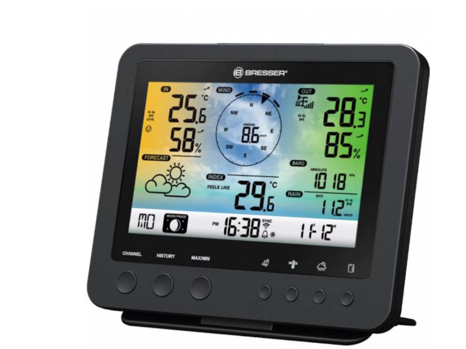 Schwarze Bresser Wetterstation. Zeigt Temperatur, Windrichtung, Luftfeuchtigkeit und Zeit an. Schwarze Tasten unten.