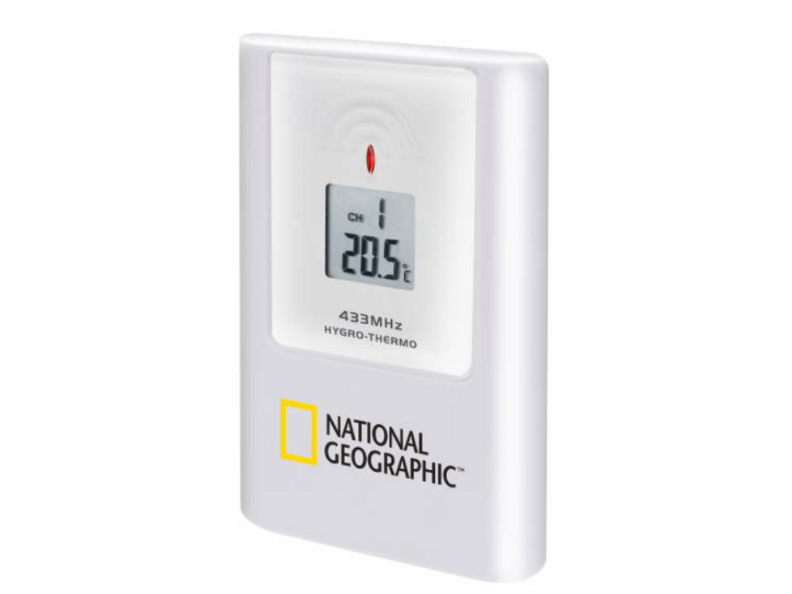 Estación meteorológica blanca National Geographic mostrando 20.5 grados. Señal roja arriba.