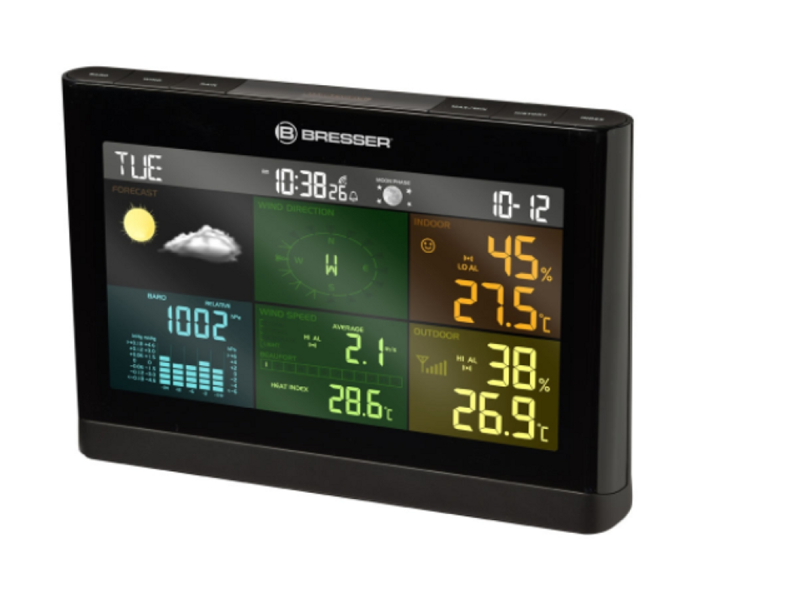 Schwarze Bresser Wetterstation mit Anzeige von Zeit, Wetter und Temperaturdaten.