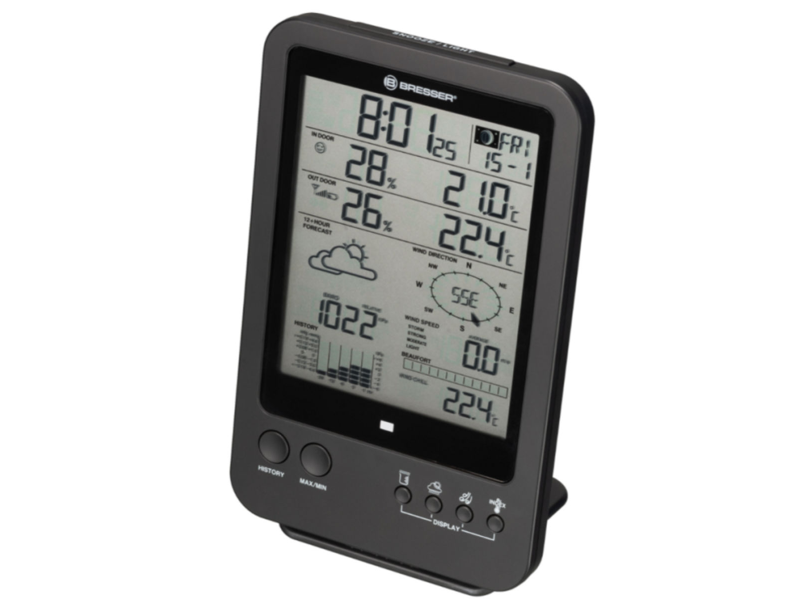 Schwarze digitale Wetterstation mit Anzeige von Uhrzeit, Temperatur und Wettervorhersage.