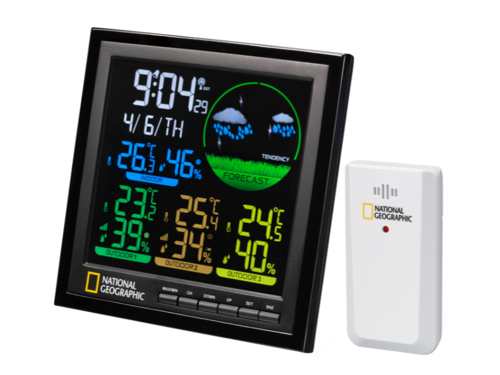 Schwarze Wetterstation mit Digitalanzeige und weißem Sensor.