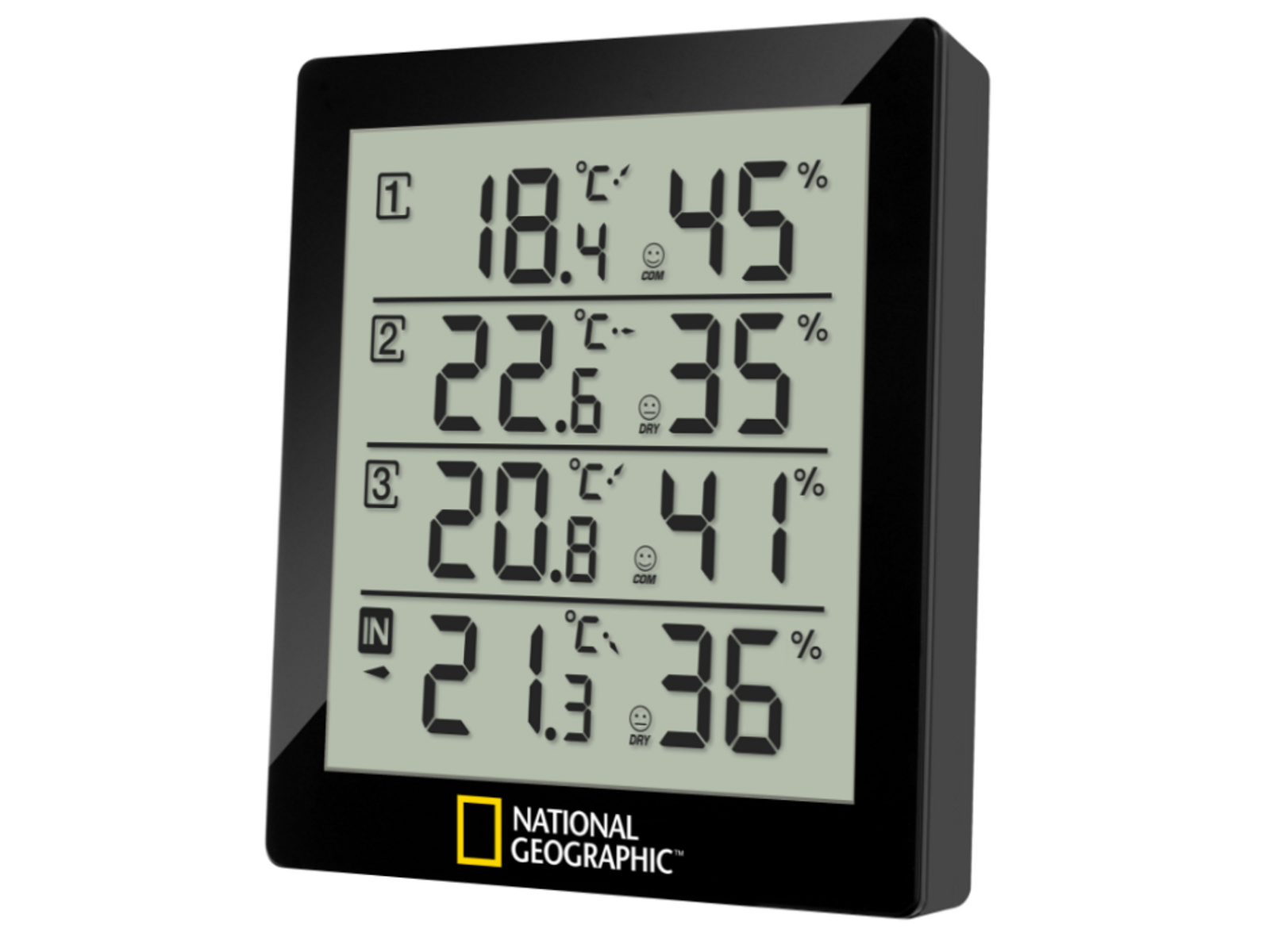 Ein schwarzes digitales Thermometer. Es zeigt vier Sätze Temperatur- und Feuchtigkeitsmesswerte an.