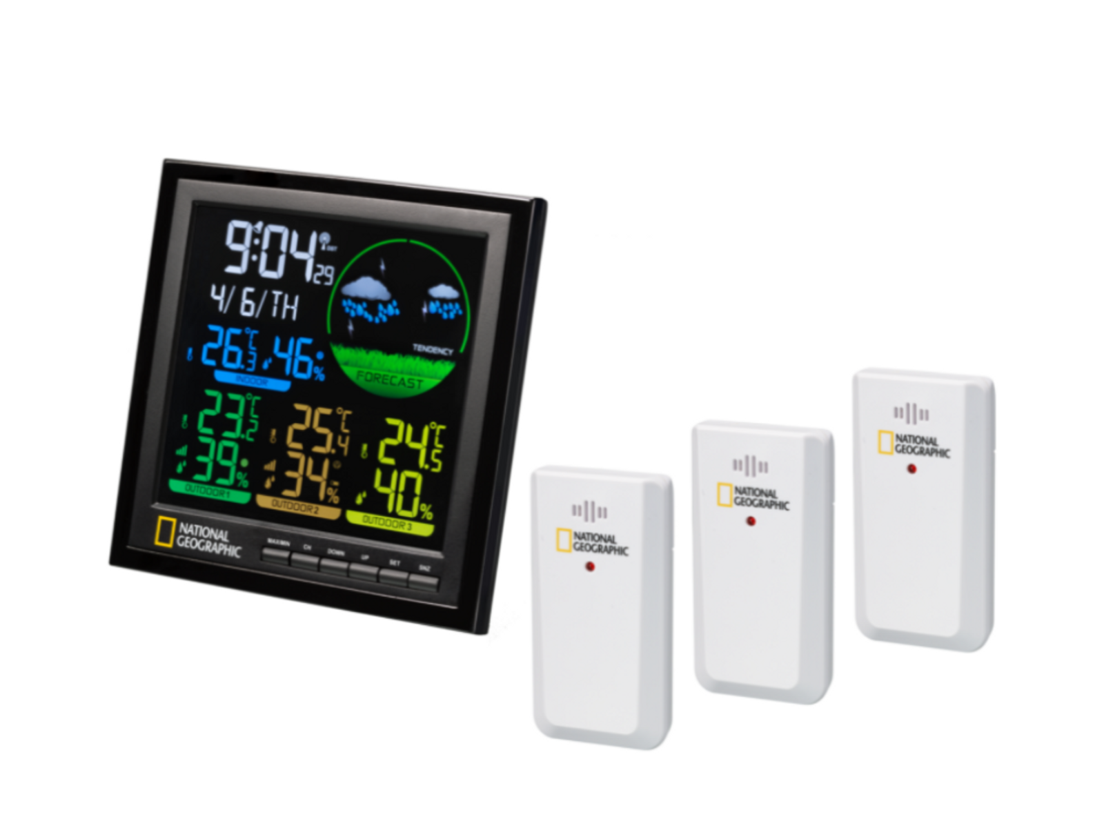 Digitale Wetterstation mit Bildschirm, der Zeit, Wetter und Temperatur anzeigt, mit 3 Sensoren.