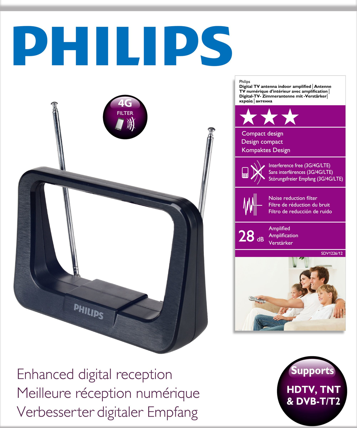 Paquete de antena de TV Philips con texto, diagramas y una familia viendo la TV sobre blanco.