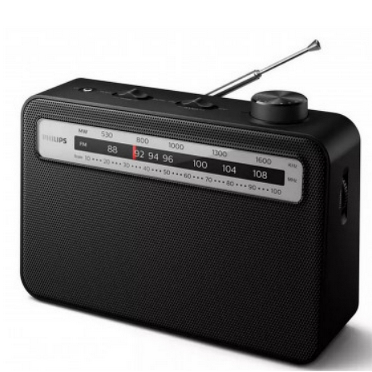 Czarny radioodbiornik Philips z pokrętłem strojenia i anteną na białym tle.