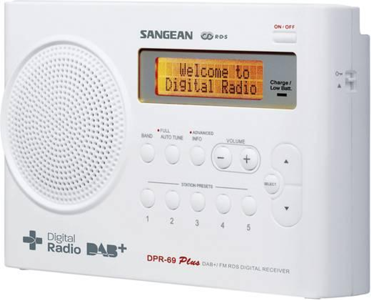 Weißes Digitalradio mit Knöpfen und Bildschirm mit 'Welcome to Digital Radio'.