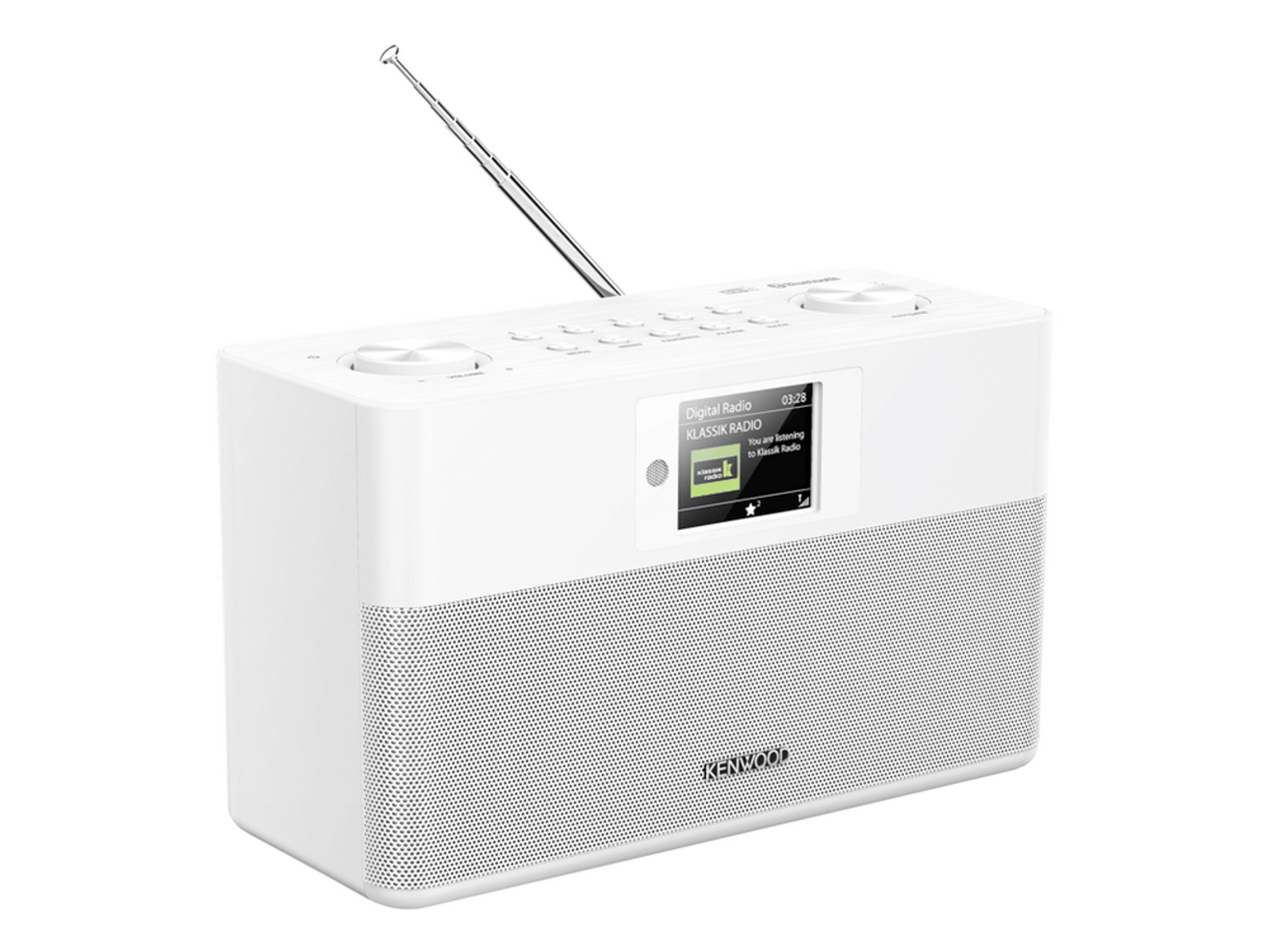 Białe radio cyfrowe Kenwood z ekranem, przyciskami i anteną, na białym tle.
