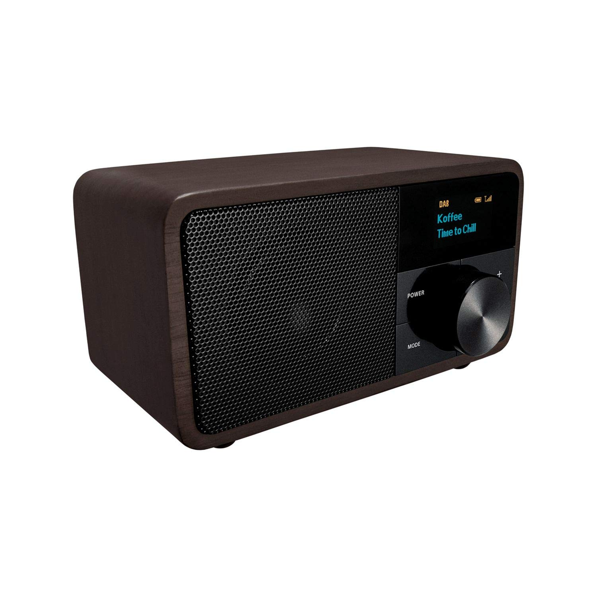 A dark brown radio with a black speaker and a control dial.