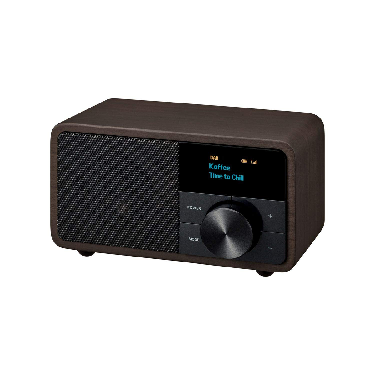 A brown radio with a speaker, display, and control knob. The display shows the station and song.