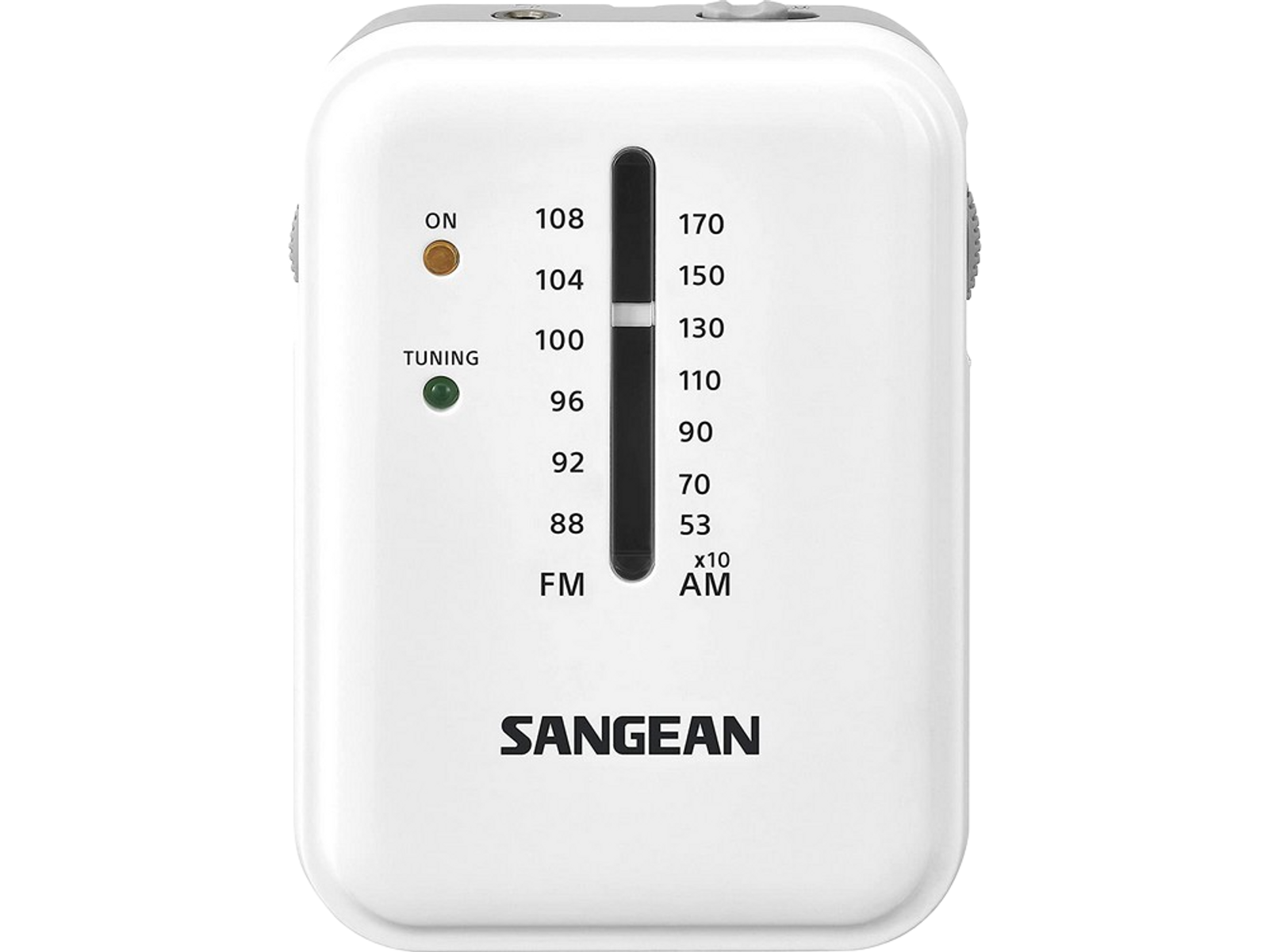 Białe radio przenośne ze wskaźnikami strojenia i AM/FM. Radio ma logo SANGEAN.