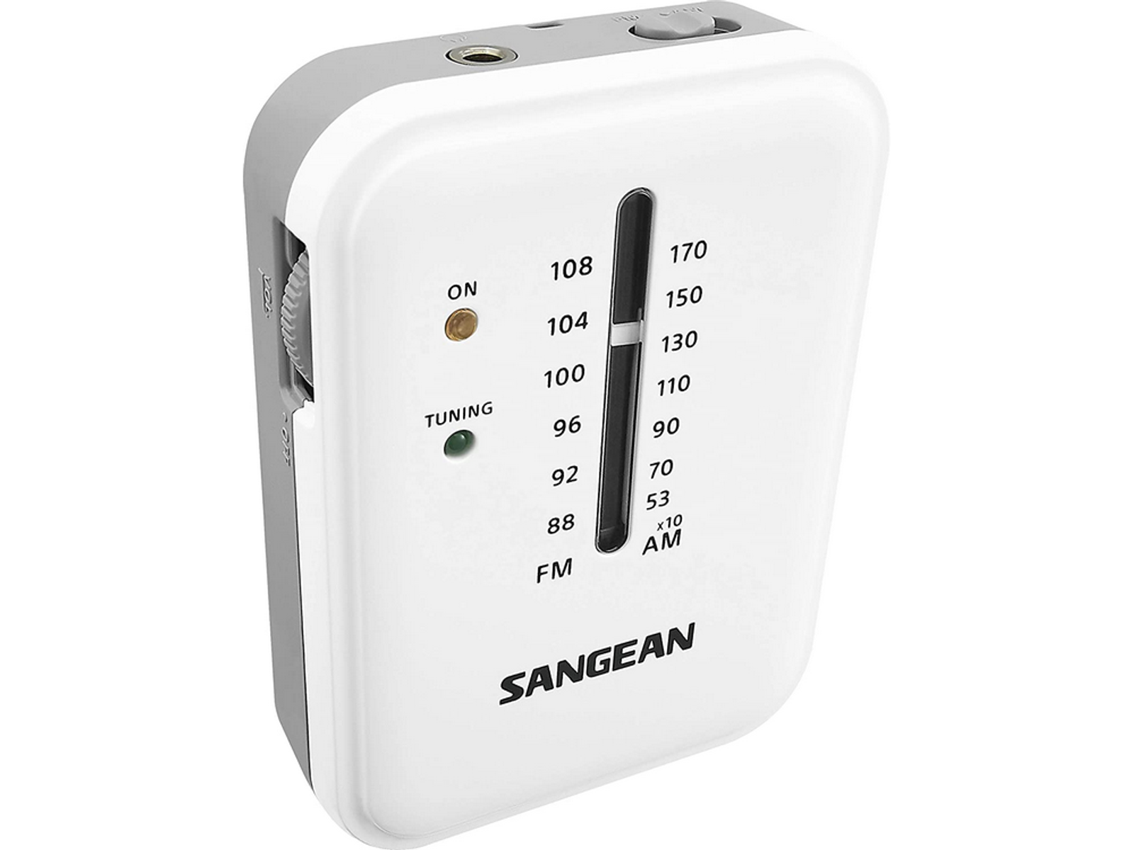 Biało-szare radio przenośne. Pokrętła i skala strojenia. Widok pod kątem na białym tle.