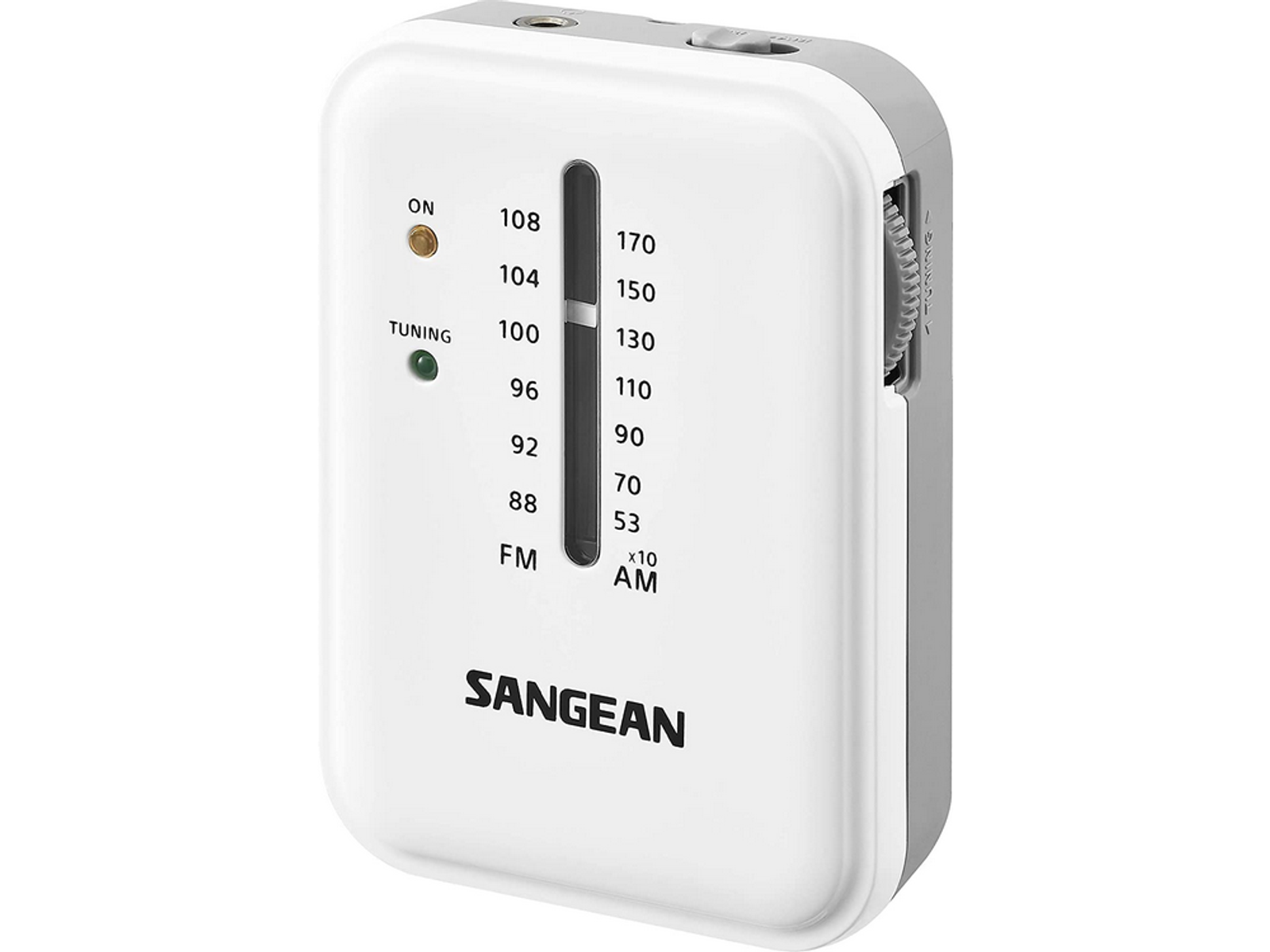 Białe i szare przenośne radio z pokrętłem strojenia, skalą częstotliwości FM/AM i logo SANGEAN.