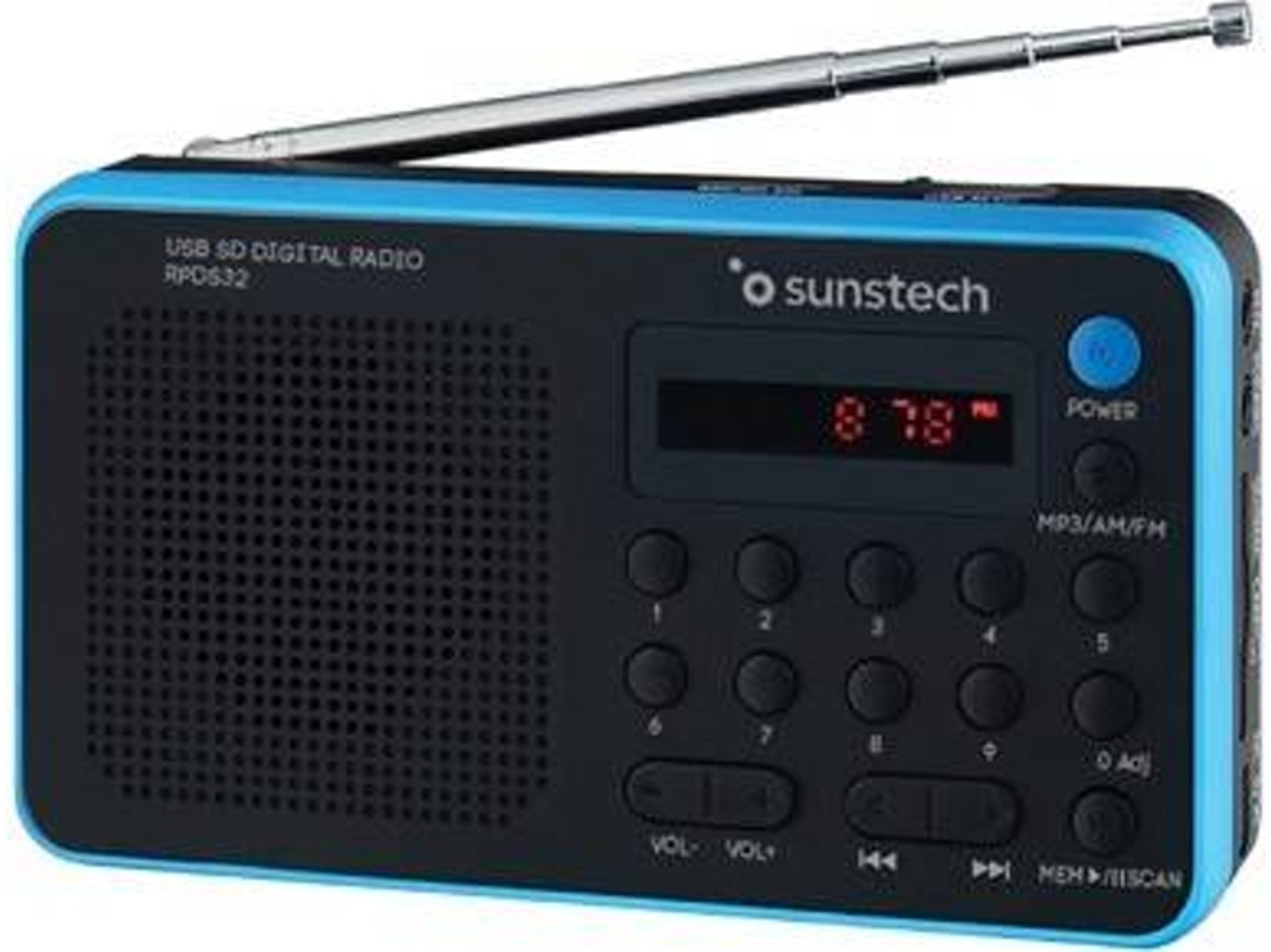 Niebiesko-czarne radio cyfrowe z przyciskami, wyświetlaczem i anteną. Wyświetla czas na czerwonym wyświetlaczu.