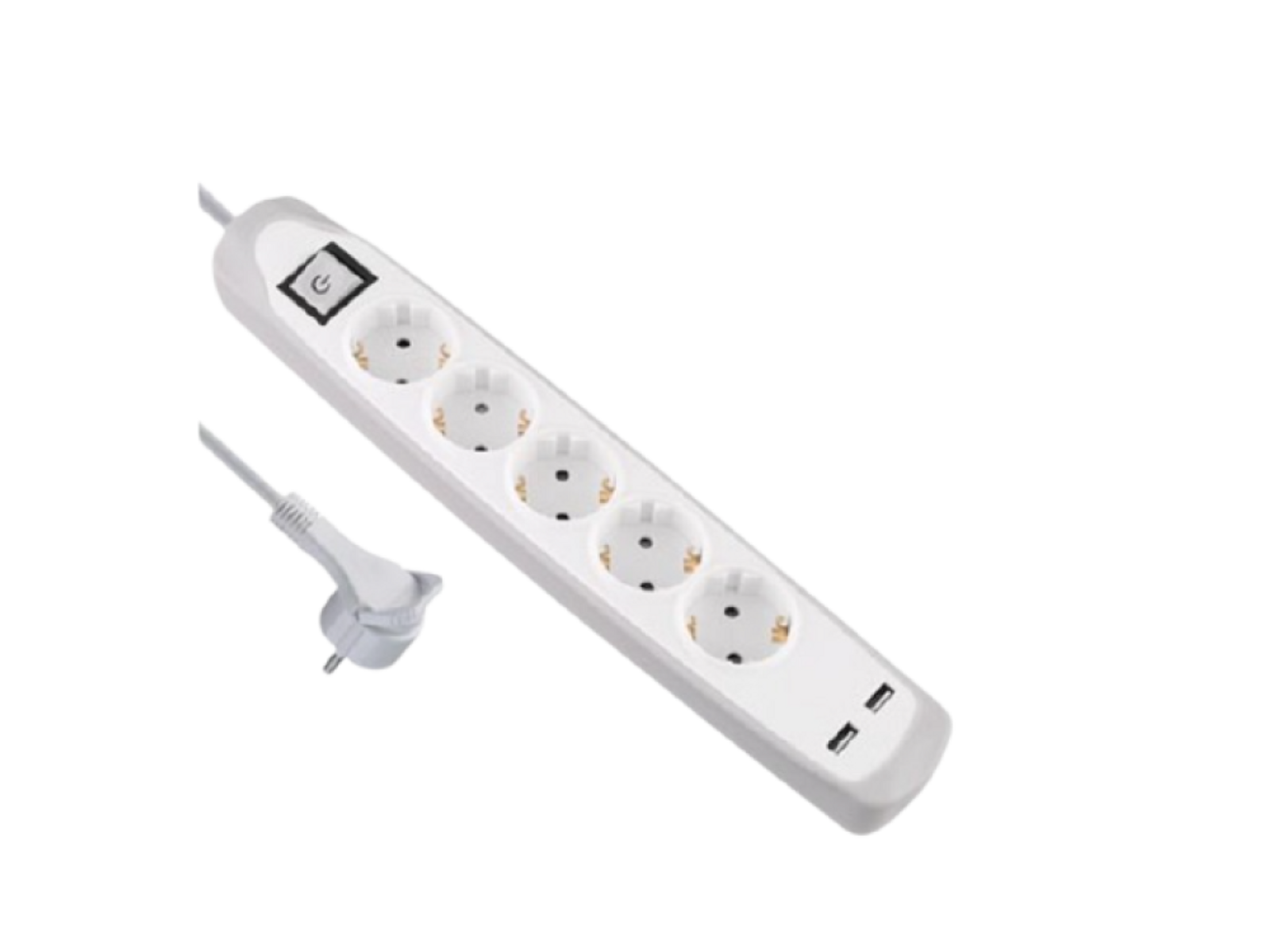 Una ciabatta bianca con quattro prese e due porte USB.