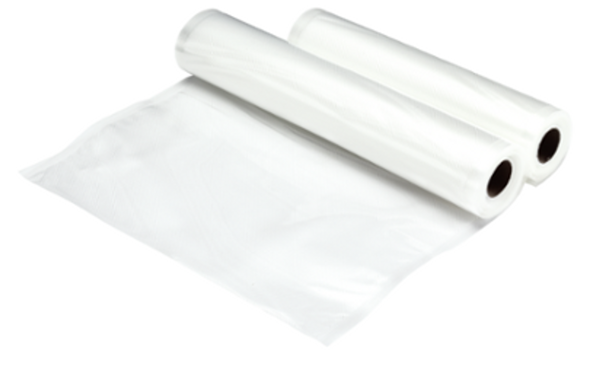 Dwie rolki przezroczystej folii spożywczej na białej powierzchni. Jedna częściowo rozwinięta.