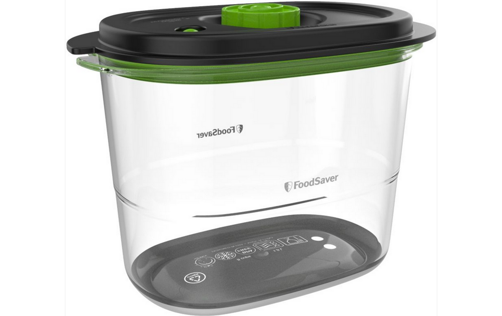 Klarer, rechteckiger FoodSaver-Behälter mit schwarzem Deckel und grünem Aufsatz.