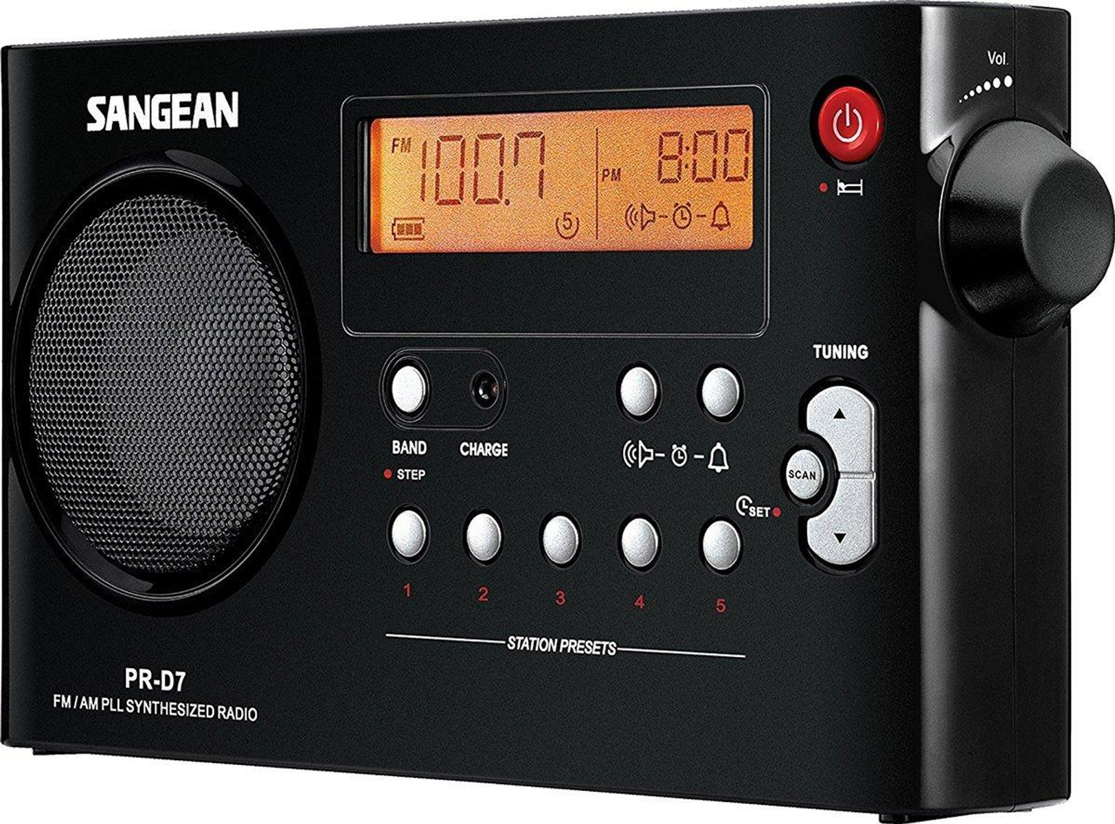 Radio Sangean PR-D7 negro con pantalla digital.