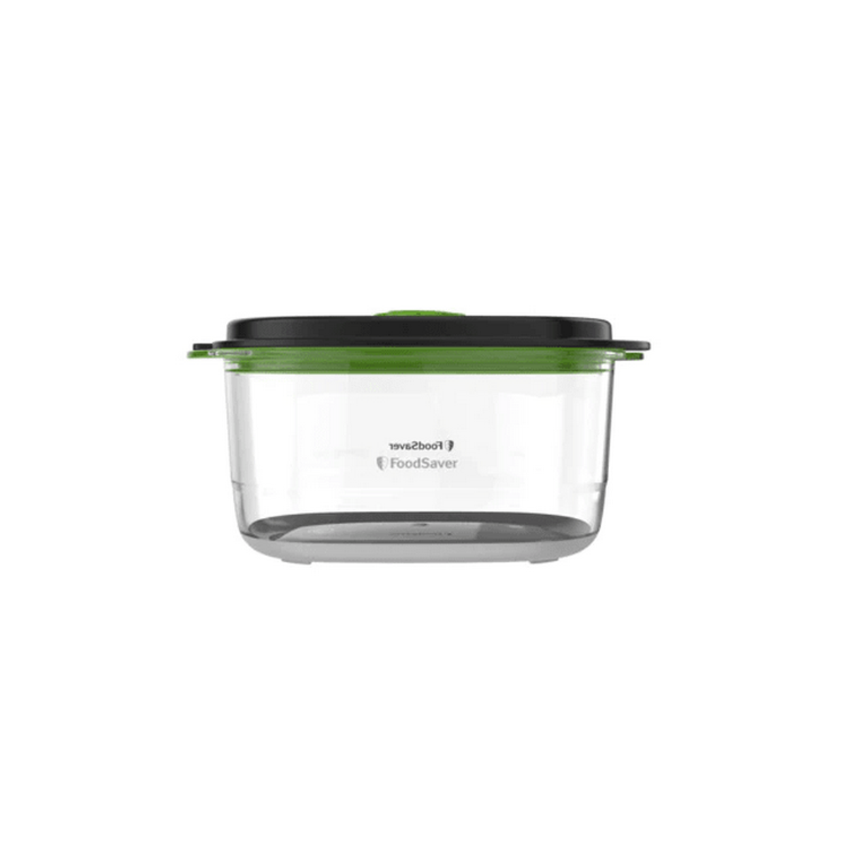 Ein durchsichtiger FoodSaver-Behälter mit grünem Deckel und schwarzem Dichtungsring.