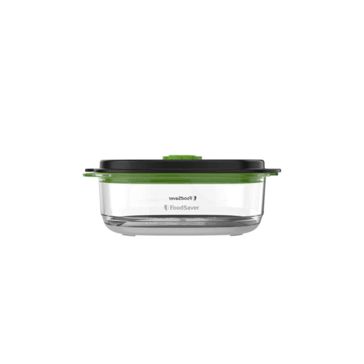 Transparenter Lebensmittelbehälter mit schwarzem und grünem Deckel. FoodSaver Logo.