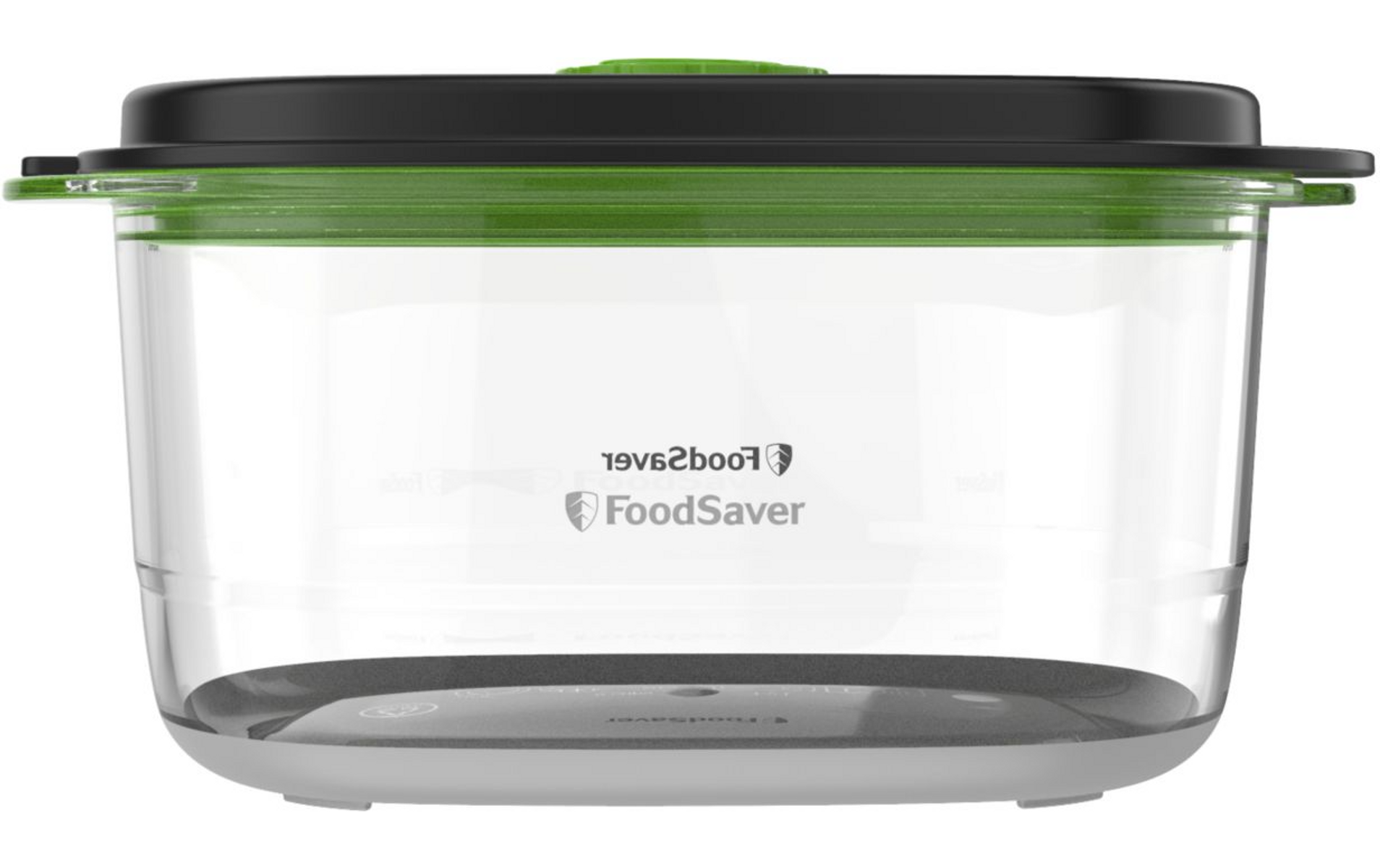Contenitore FoodSaver con coperchio nero e finiture verdi. Corpo trasparente.