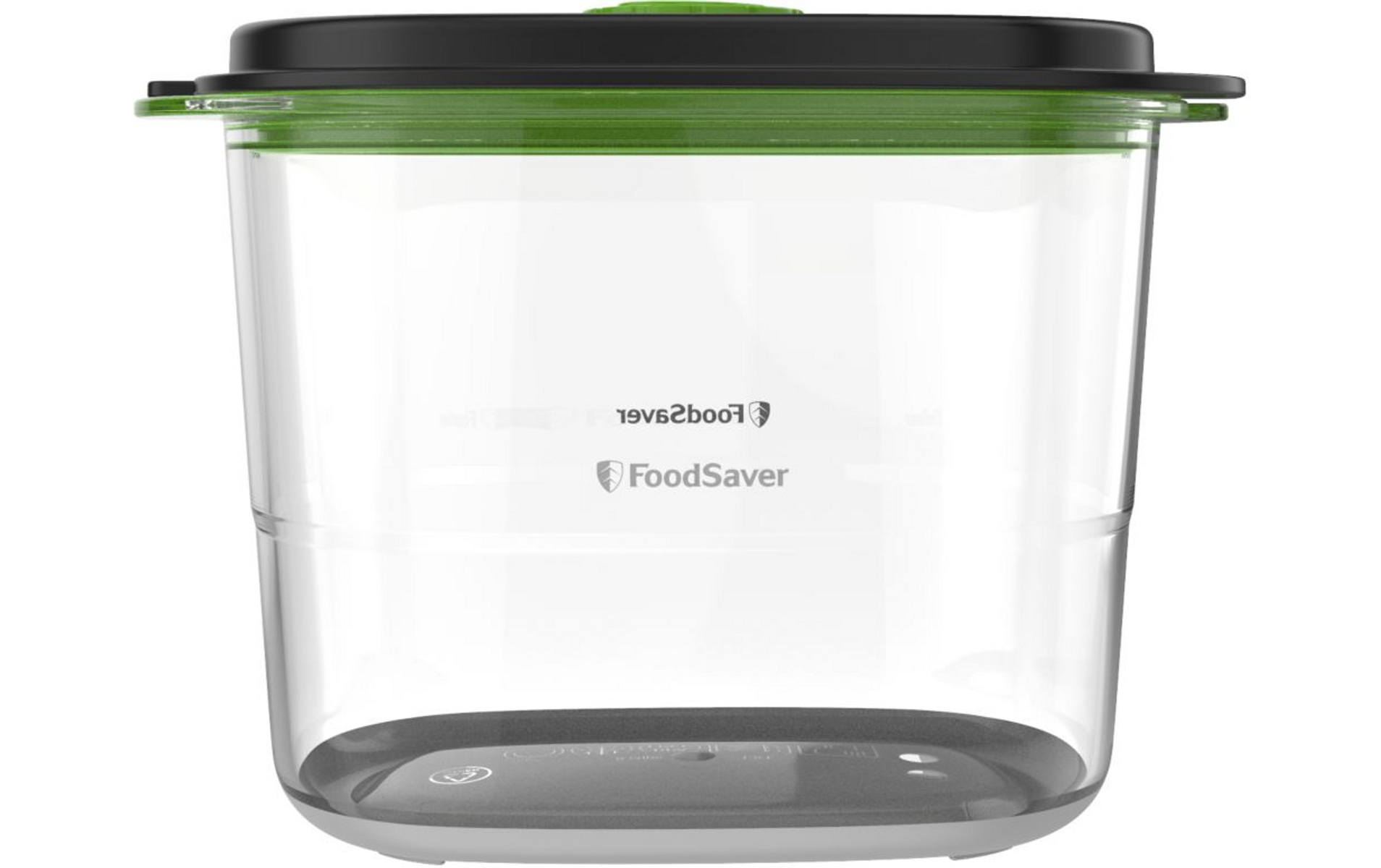 Contenitore FoodSaver in plastica trasparente con coperchio nero. Il contenitore è trasparente.
