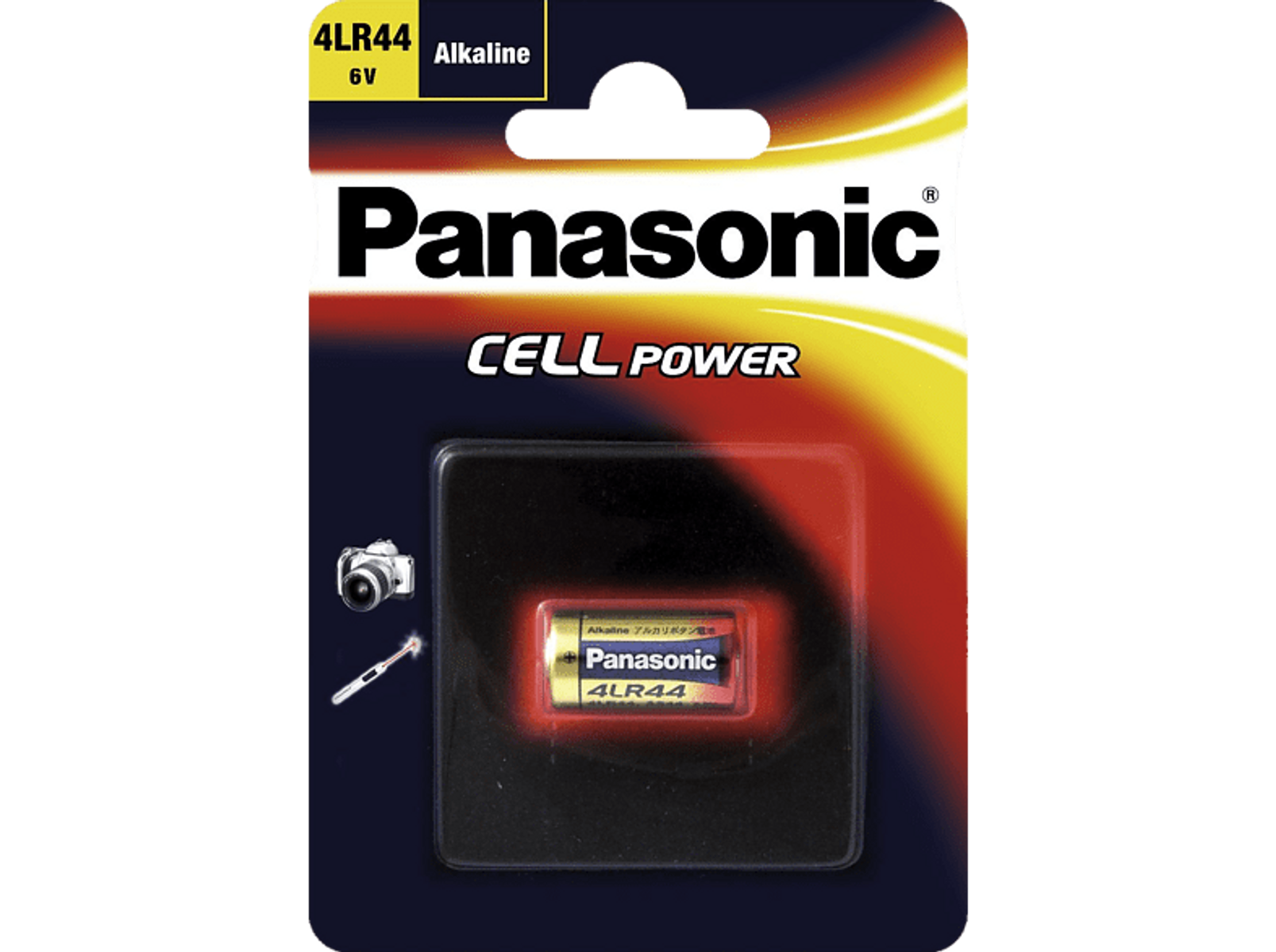Zestaw baterii alkalicznych Panasonic 4LR44 6V. Opakowanie jest czarne i żółte.