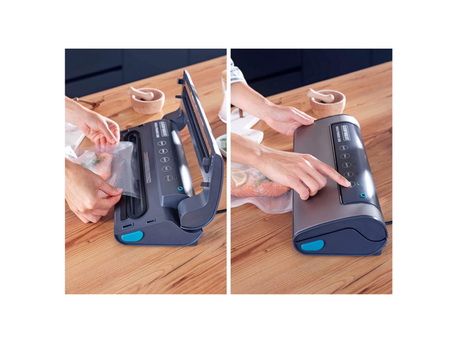 Dwa obrazy przedstawiające szarą zgrzewarkę do żywności. Osoba zgrzewa worek z żywnością, a druga naciska przycisk.