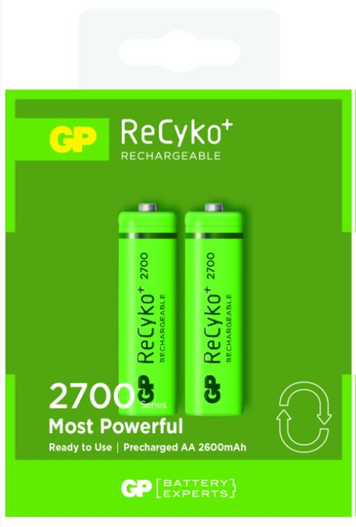Paquete de baterías verde y blanco con dos baterías verdes. Dice "ReCyko+" y "2700" en las baterías.