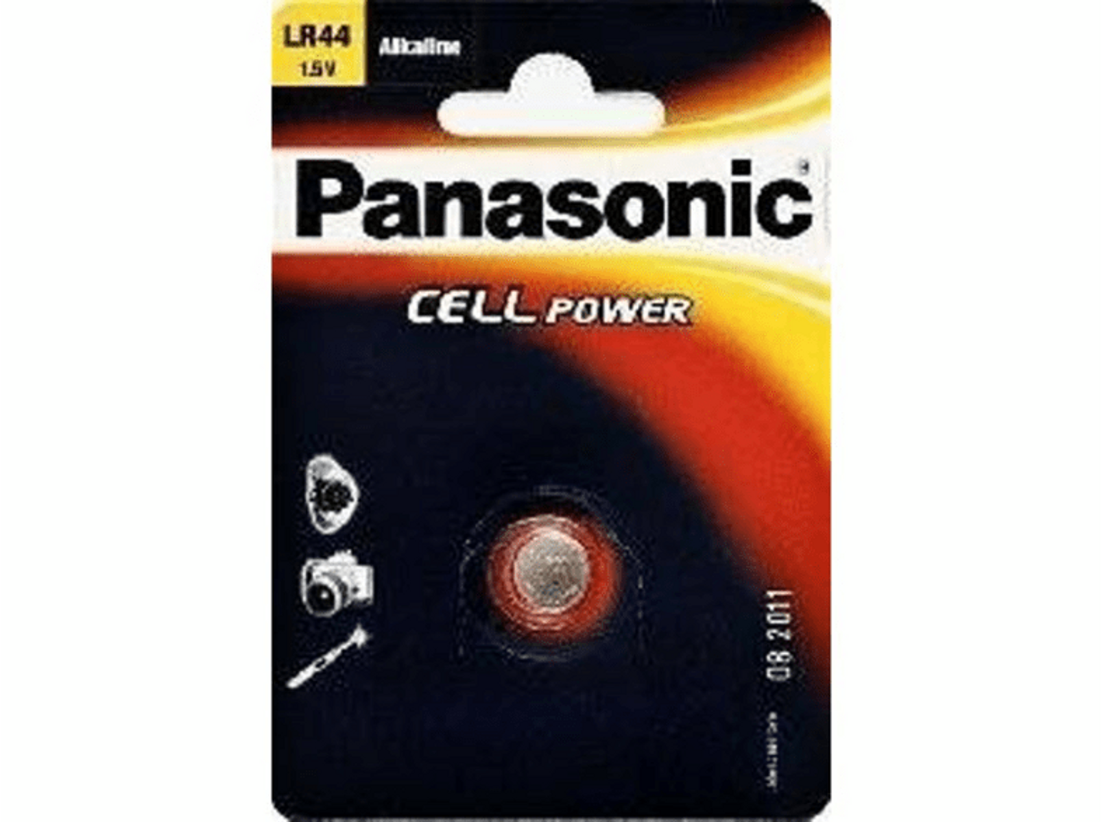 Eine Packung Panasonic LR44 Alkaline-Knopfzellenbatterien auf einem weißen Hintergrund.