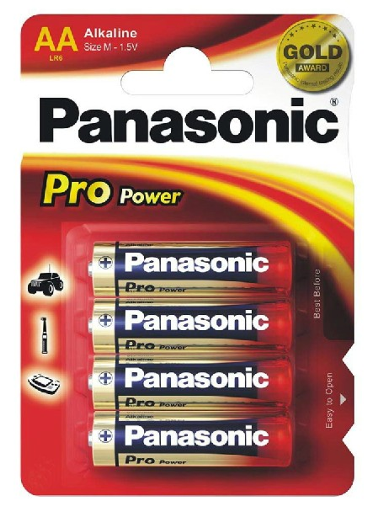 Packung Panasonic Pro Power AA Batterien. Die Verpackung ist rot, gelb und weiß.