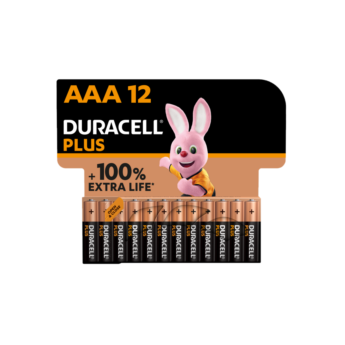 Batterie Duracell Plus AAA 12 con un coniglietto rosa su sfondo bianco.
