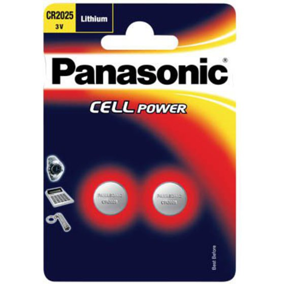 Pile al litio Panasonic CR2025 in una confezione, con due pile visibili.