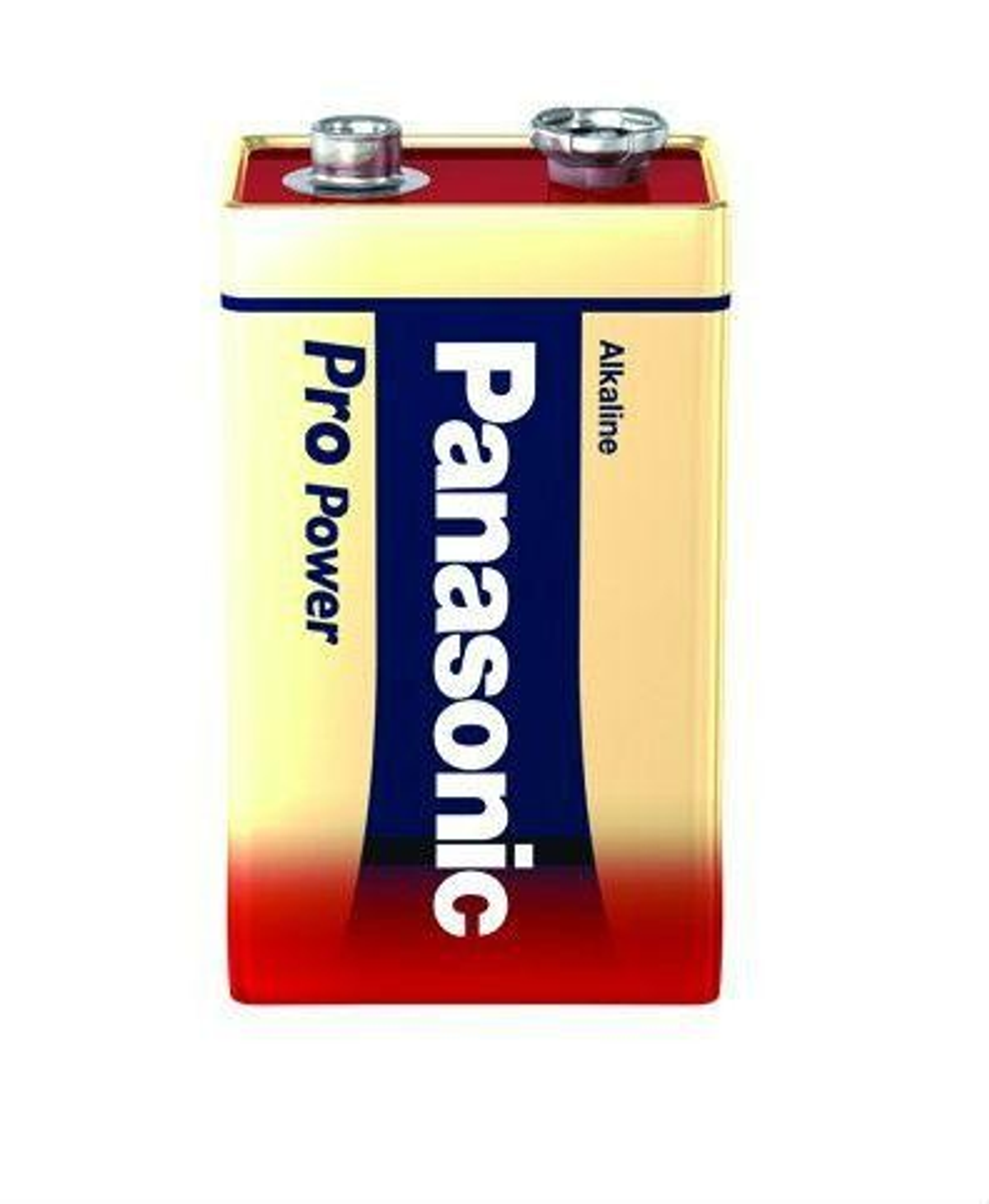 Prostokątna bateria Panasonic 9V z żółtą obudową i niebieskim napisem.