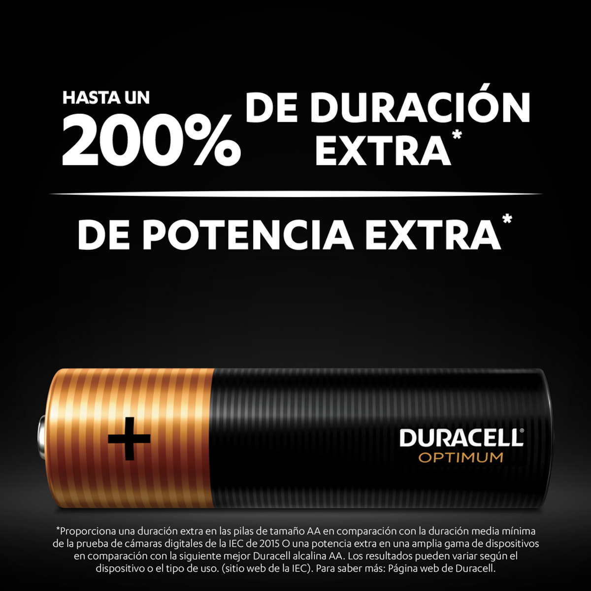 Bateria Duracell Optimum AA z tekstem o dodatkowej mocy na czarnym tle.