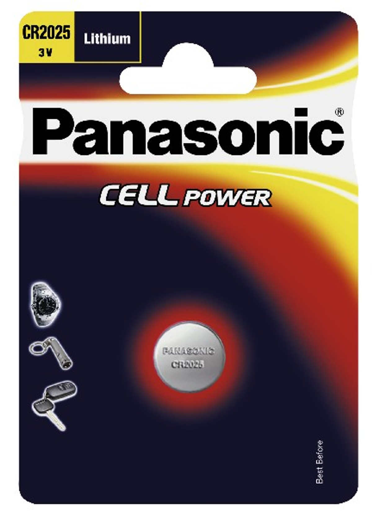 Batteria al litio Panasonic CR2025 in blister con chiavi.