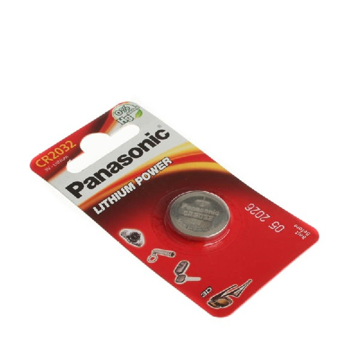 Panasonic CR2032 Batterie in einer rot-weißen Verpackung.