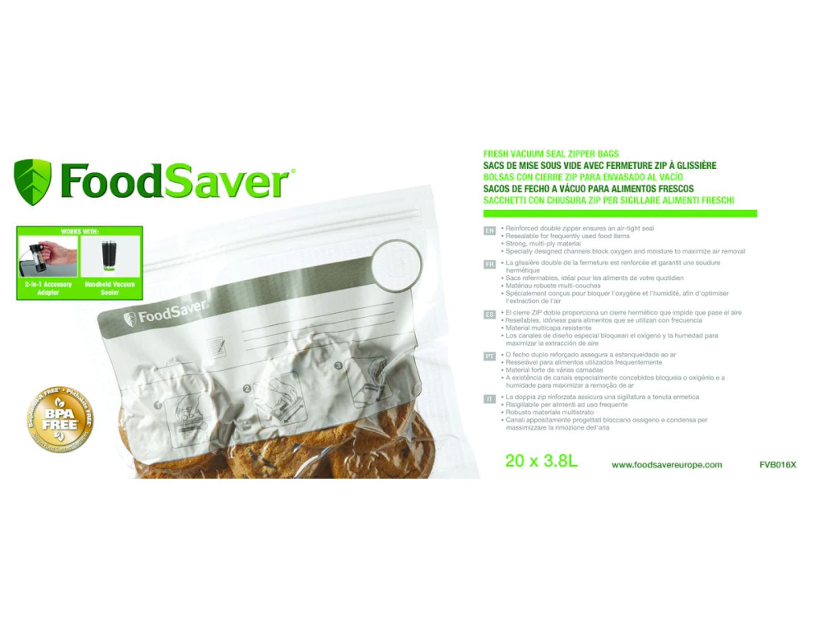 Eine FoodSaver Vakuumversiegelungsbeutelverpackung mit Essen und Text auf weißem Hintergrund.