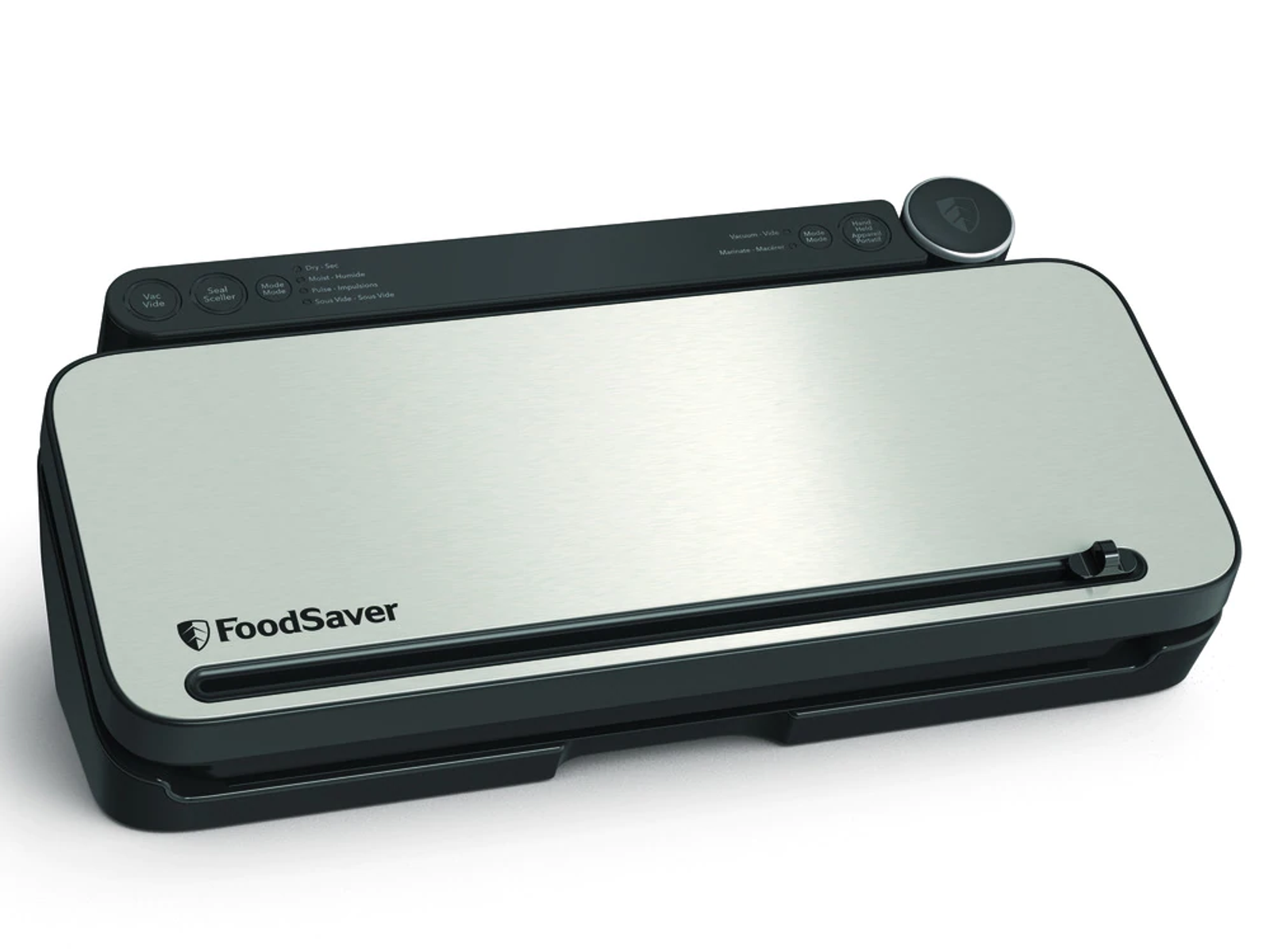 Srebrno-czarna zgrzewarka próżniowa FoodSaver na białym tle. Etykieta z przodu.