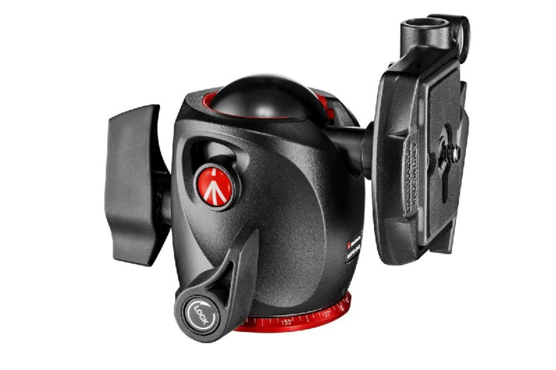 Czarna głowica statywu z czerwonymi akcentami i płytką szybkiego uwalniania. Marka to Manfrotto.