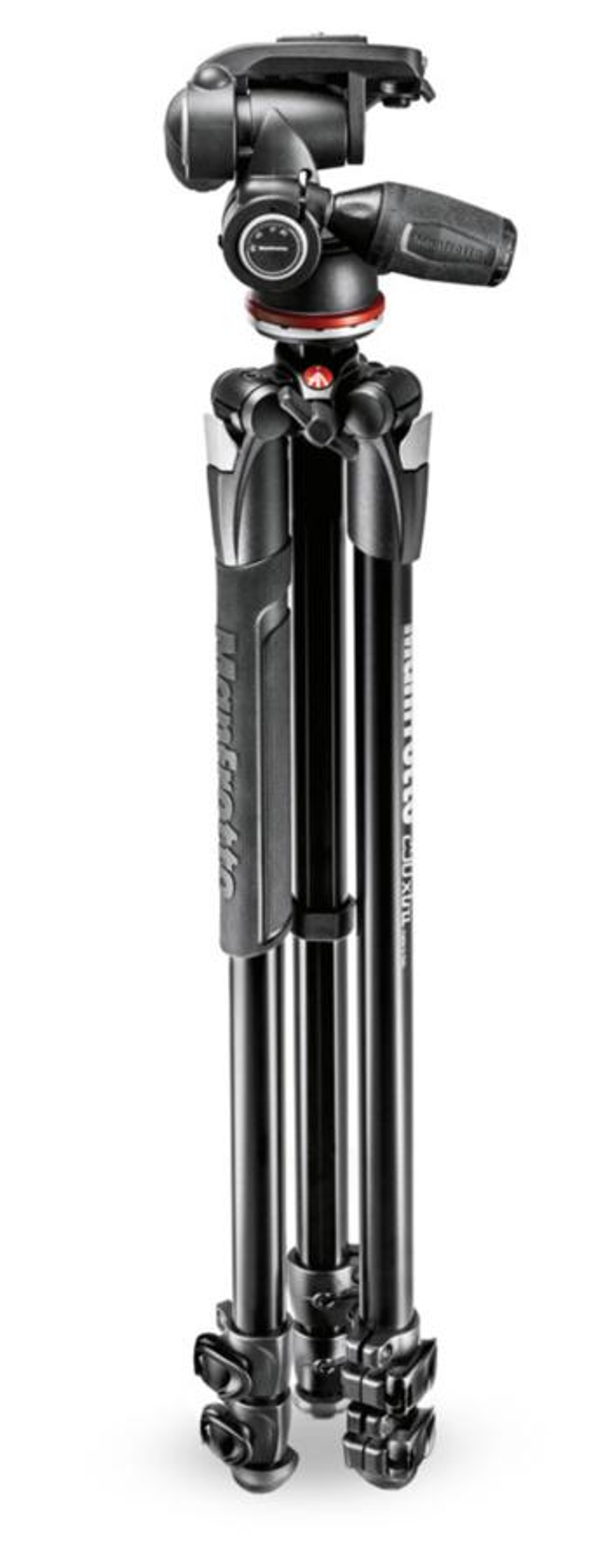 Czarny statyw Manfrotto z czarną głowicą, na białym tle.