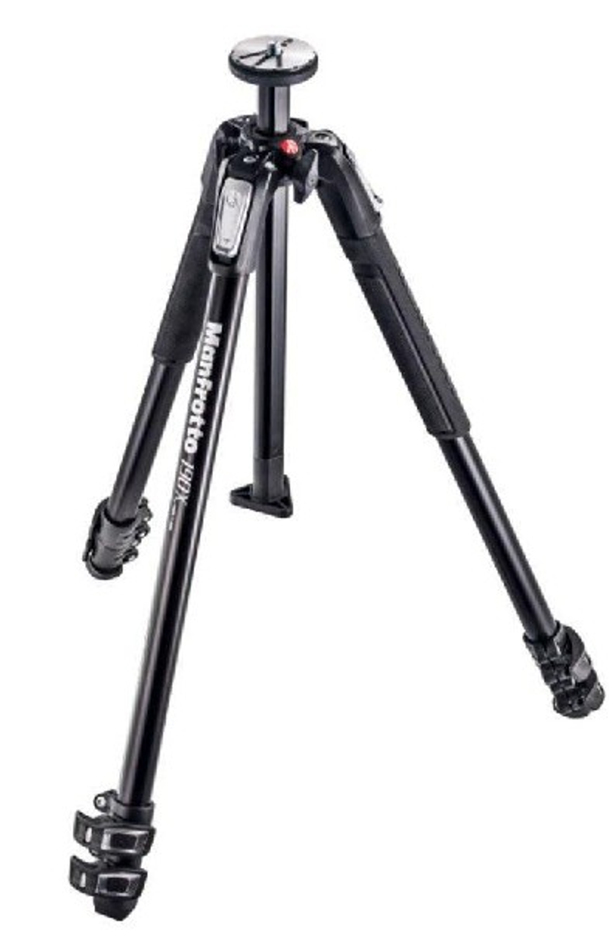 Czarny statyw Manfrotto z trzema nogami, centralną kolumną i głowicą na białym tle.