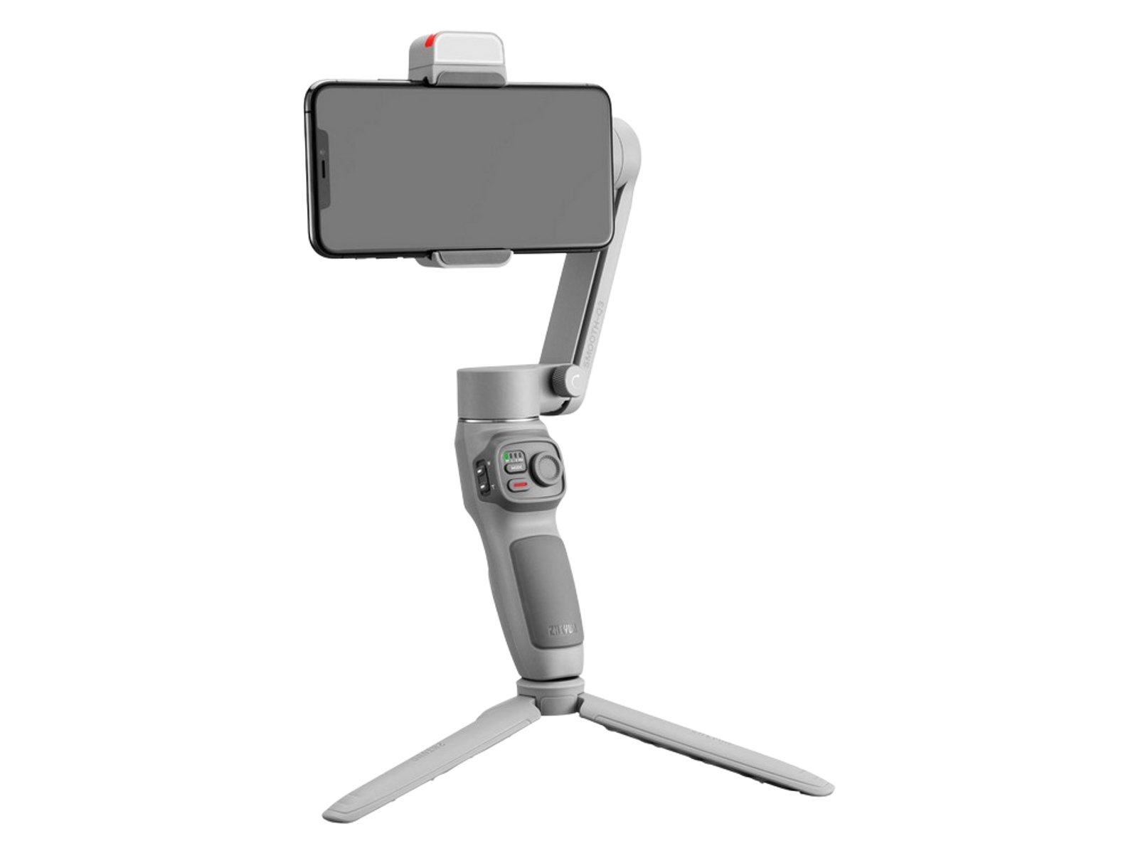 Ein grauer Smartphone-Stabilisator mit einem befestigten Telefon. Es hat ein kleines Stativ. Schwarzer Hintergrund.