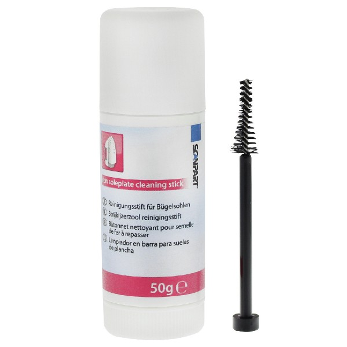 Weißer und roter Reinigungsstift für Bügeleisensohle und eine schwarze Reinigungsbürste.