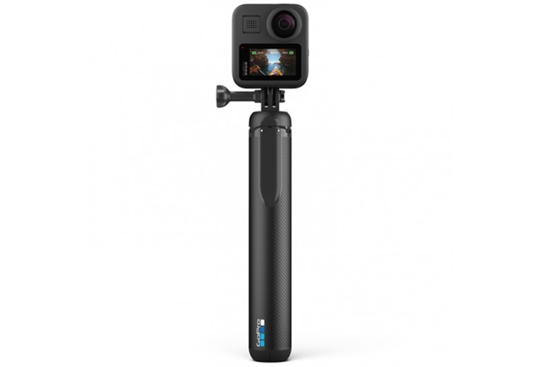 Schwarze GoPro-Kamera auf einem schwarzen Stab mit Griff. Bildschirm mit Video.