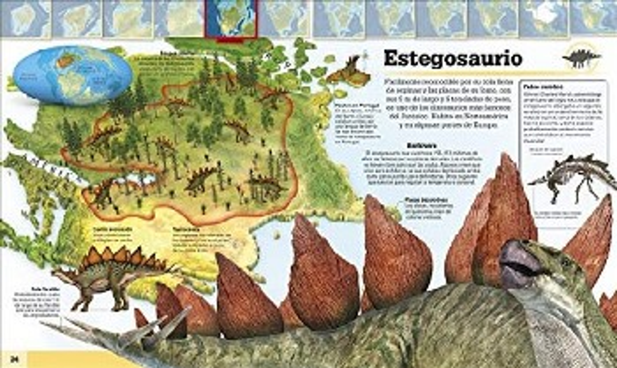 Una ilustración de dinosaurio en un mapa con texto en español.