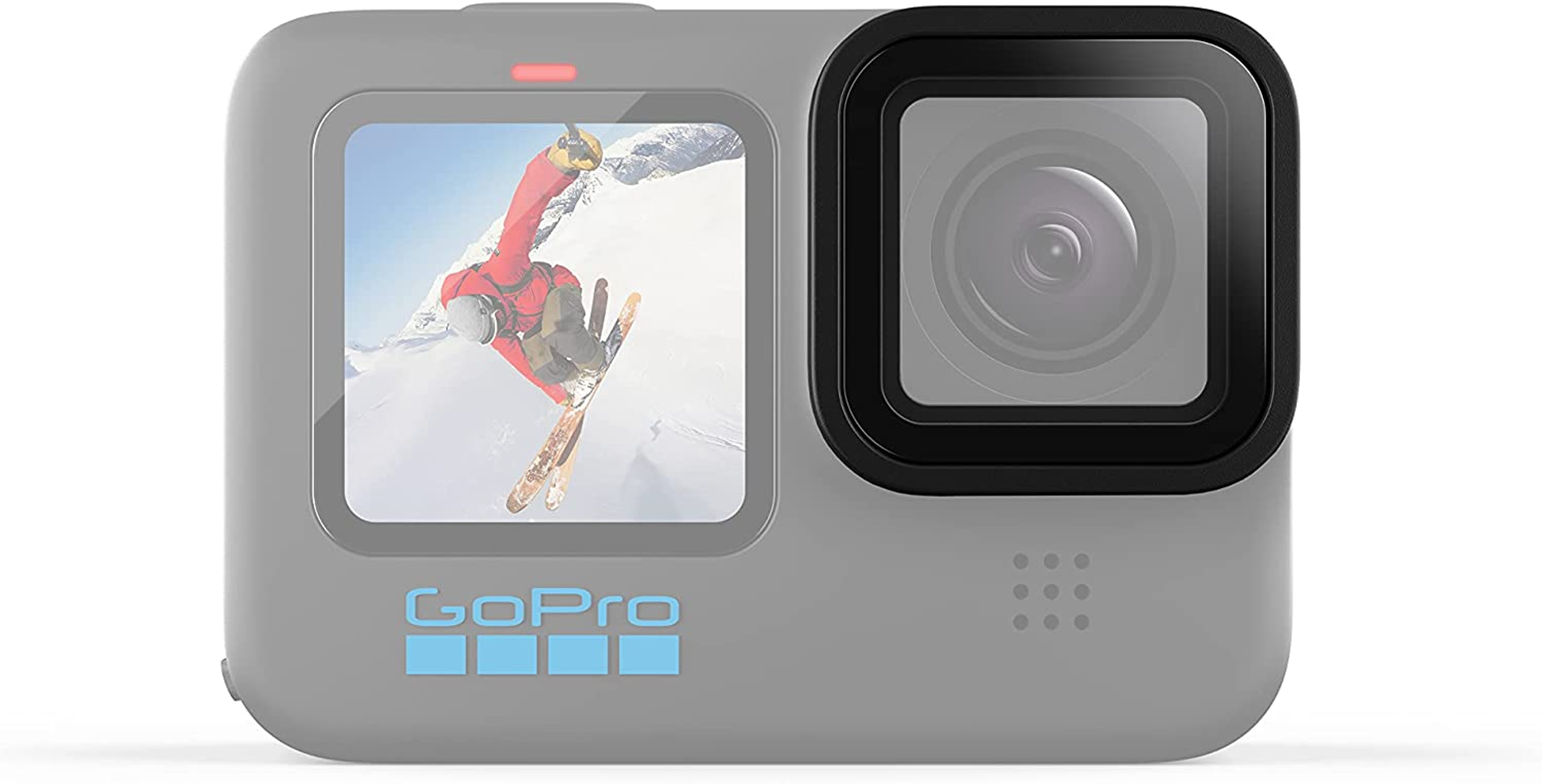 Una fotocamera GoPro grigia con schermo che mostra uno sciatore e un obiettivo.